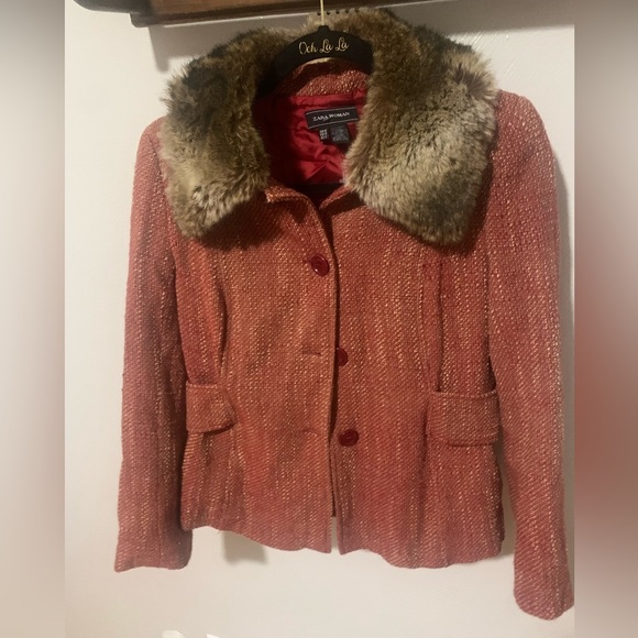 ZARA Womans coat sz 10 red detachable hood - Picture 2 of 6